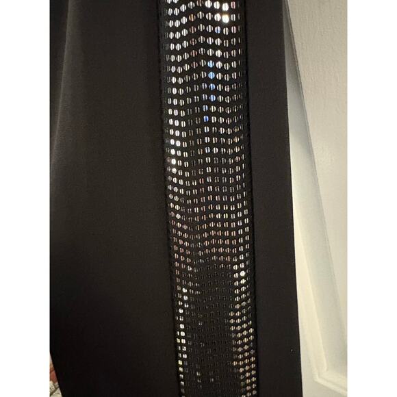 LBISSE Black Slinky Pants With Silver Details Down Sides L Tuxedo Pant Style NEW - Picture 9 of 10